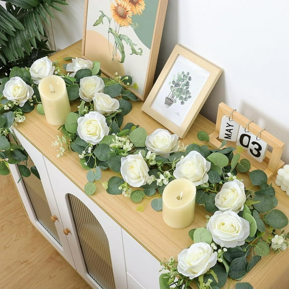 Leaf Vine Garland with Rose Accents Realistic Foliage Decor Piece for Wedding Home Party Table Runner Fireplace Wall Celebration Arrangement