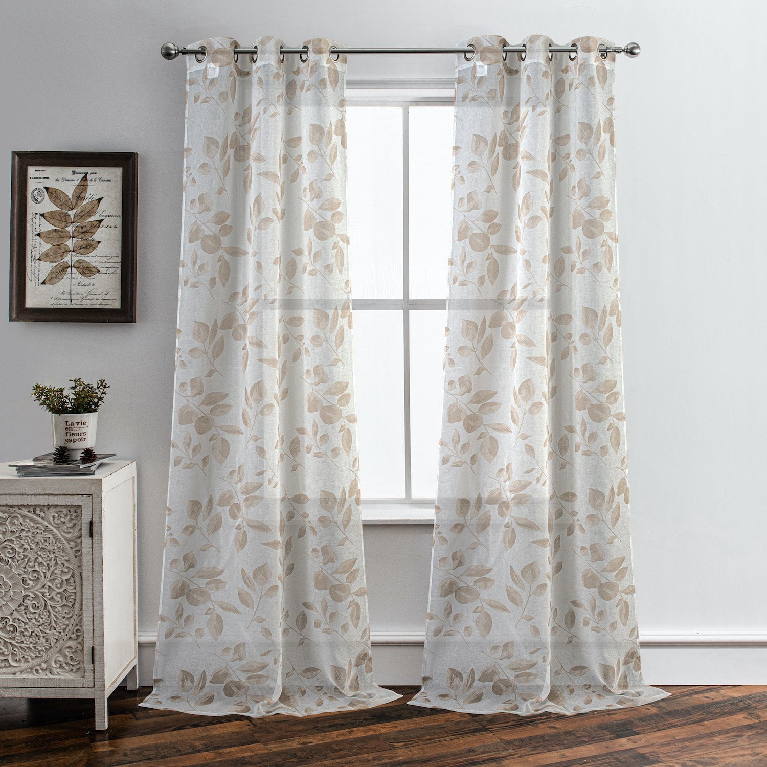 Leaf Vine Leaf Printed Sheer 76" x 96" Window Panel Pair in Linen