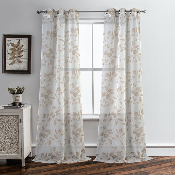 Leaf Vine Leaf Printed Sheer 76" x 96" Window Panel Pair in Linen