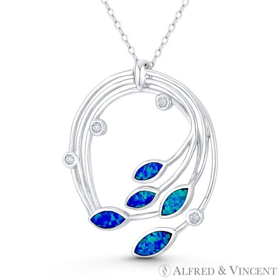 Leaf & Vine Plantlife Charm Created Opal 33x30mm (1.3x1.2in) Pendant & Chain Necklace in .925 Sterling Silver w/ Rhodium
