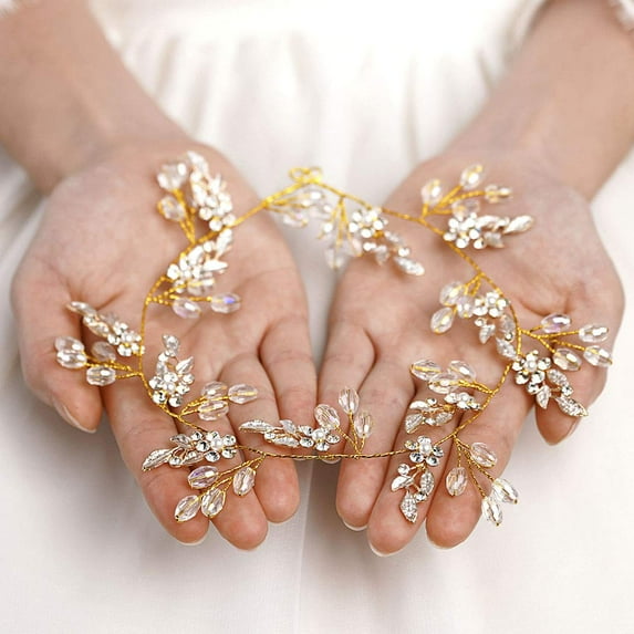 Leaf Wedding Hair Vine Flower Bridal Hair Piece Crystal Rhinestone Long Headband for Women and Girls (Rose Gold)