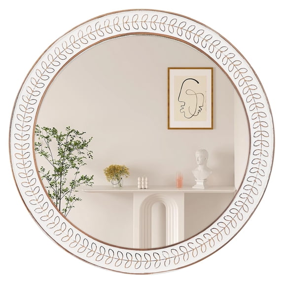 Leaf White Round Wall Mirror with Embossed Leaf Frame, 36 Inch Decorative
