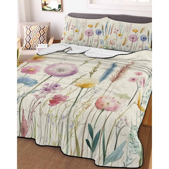 Leaf Wildflower King Size Down Alternative Comforter, Lightweight Comforter Quilt Bedding Set with Pillow Shams Vintage Country Plant Floral Leaves All Seasons Bed Comforter Duvet Insert 96"x106"
