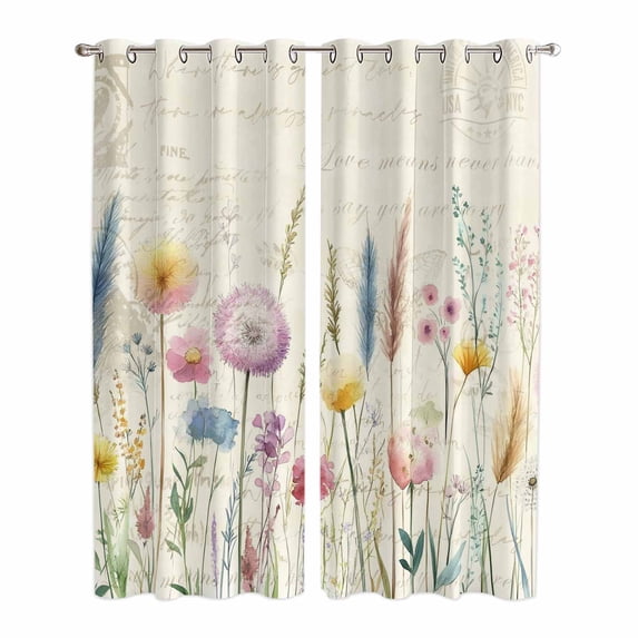 Leaf Wildflower Kitchen Curtains 96 Inch Length, Vintage Country Plant Floral Leaves Grommet Top Bedroom Living Room Curtains, Light Filtering Cafe Curtain Drapes 2 Panels Set 104''x96''