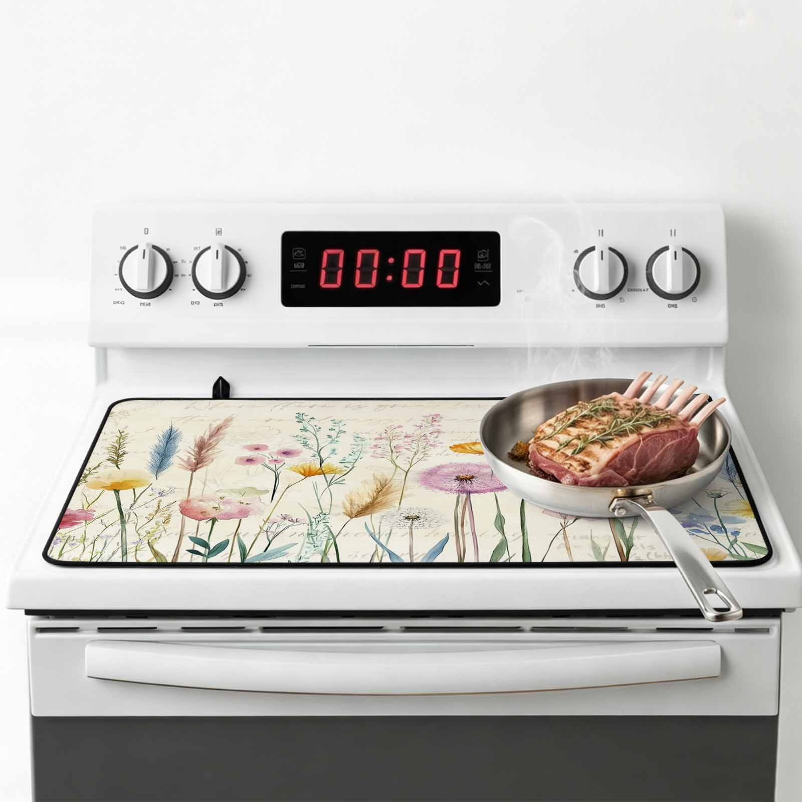 Leaf Wildflower Stove Top Cover for Electric Stove, Heat-proof & Non Slip Glass Top Stove Cover Protector, Vintage Country Plant Floral Leaves Kitchen Flat Cooktop Rubber Mat 24x21 Inches