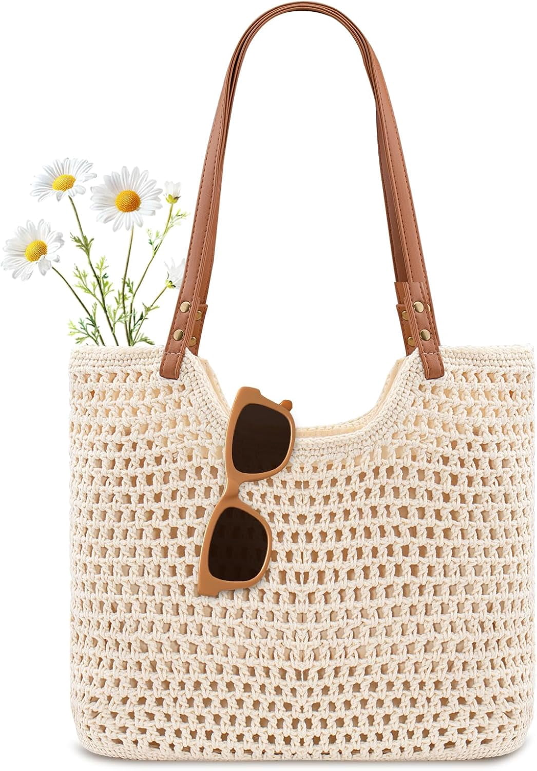 Leaf Women's Crochet Beach Bag Summer Handbag Bohemian Shoulder Bag with Leak-Proof Lining, Suitable for Vacation Travel Woven Purse