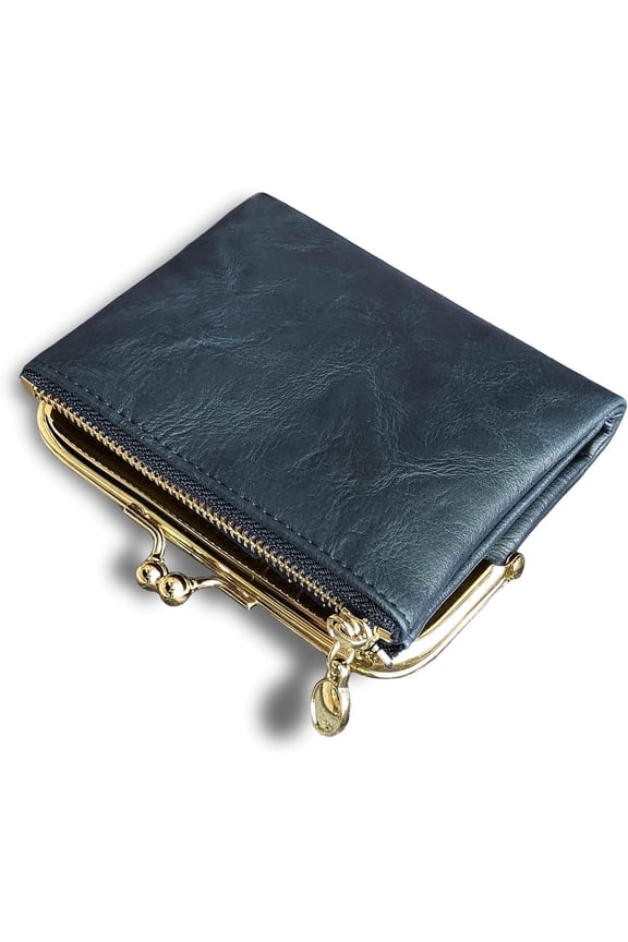 Women's Small RFID Wallet, Compact Bifold Leather Vintage Coin Purse with Zipper and Kiss Lock