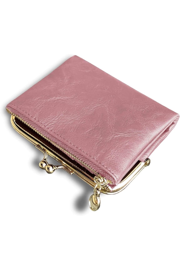Women's Small RFID Wallet, Compact Bifold Leather Vintage Coin Purse with Zipper and Kiss Lock