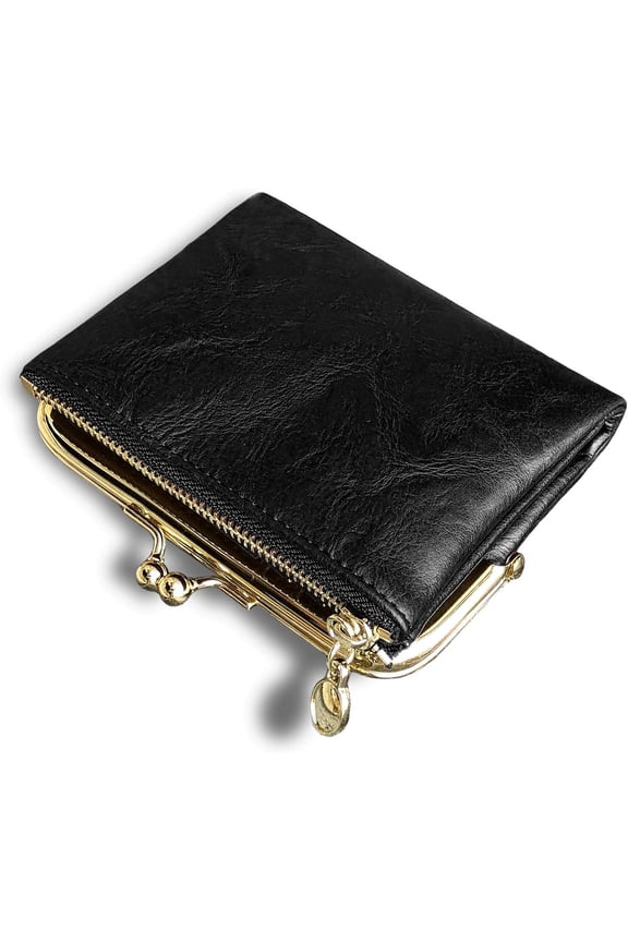 Women's Small RFID Wallet, Compact Bifold Leather Vintage Coin Purse with Zipper and Kiss Lock