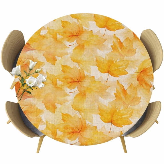 Leaf Yellow Round Tablecloth 36-44 Inch Round Fitted Table Cloth with Elastic Edge, Spring Watercolor Vintage Maple Leaf Beige Waterproof Table Cover Protector for Outdoor Picnic Party Dining