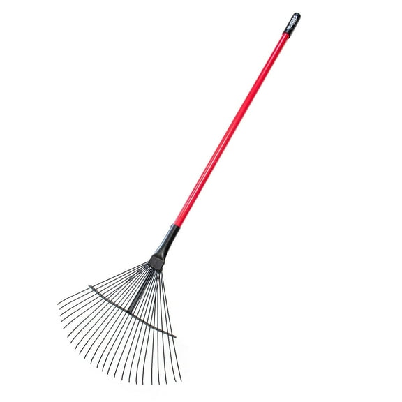 Leaf and Thatching Rake with 24 Spring Steel Tines, Fiberglass Handle for Heavy Duty Lawn Care, Red