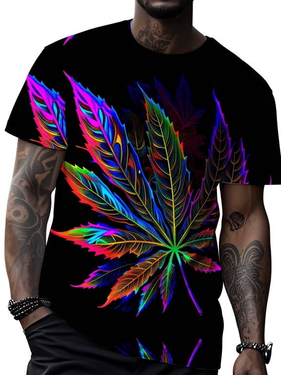 Leaf print T-shirt, black rainbow colorful weed pattern, men's casual street fashion summer wear, plus size