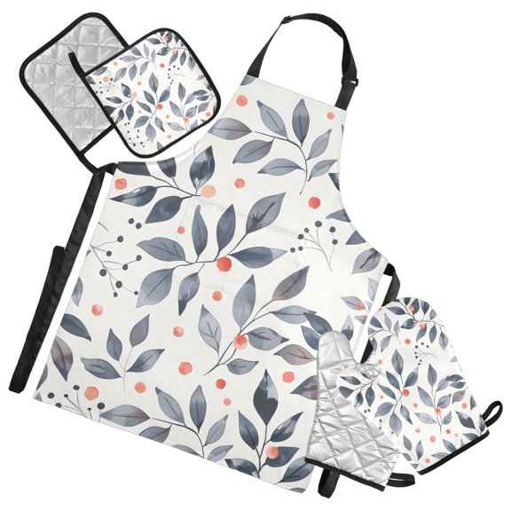 Leaf with Red Berries 5 Pcs Kitchen Set Heat Resistant Oven Mitts and Non-Slip Pot Holders with Adjustable Cooking Apron