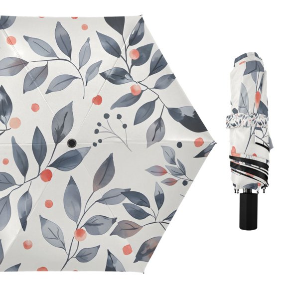 Leaf with Red Berries Compact Sun Umbrella Windproof Travel Umbrellas for Rain Strong Portable UV Protection