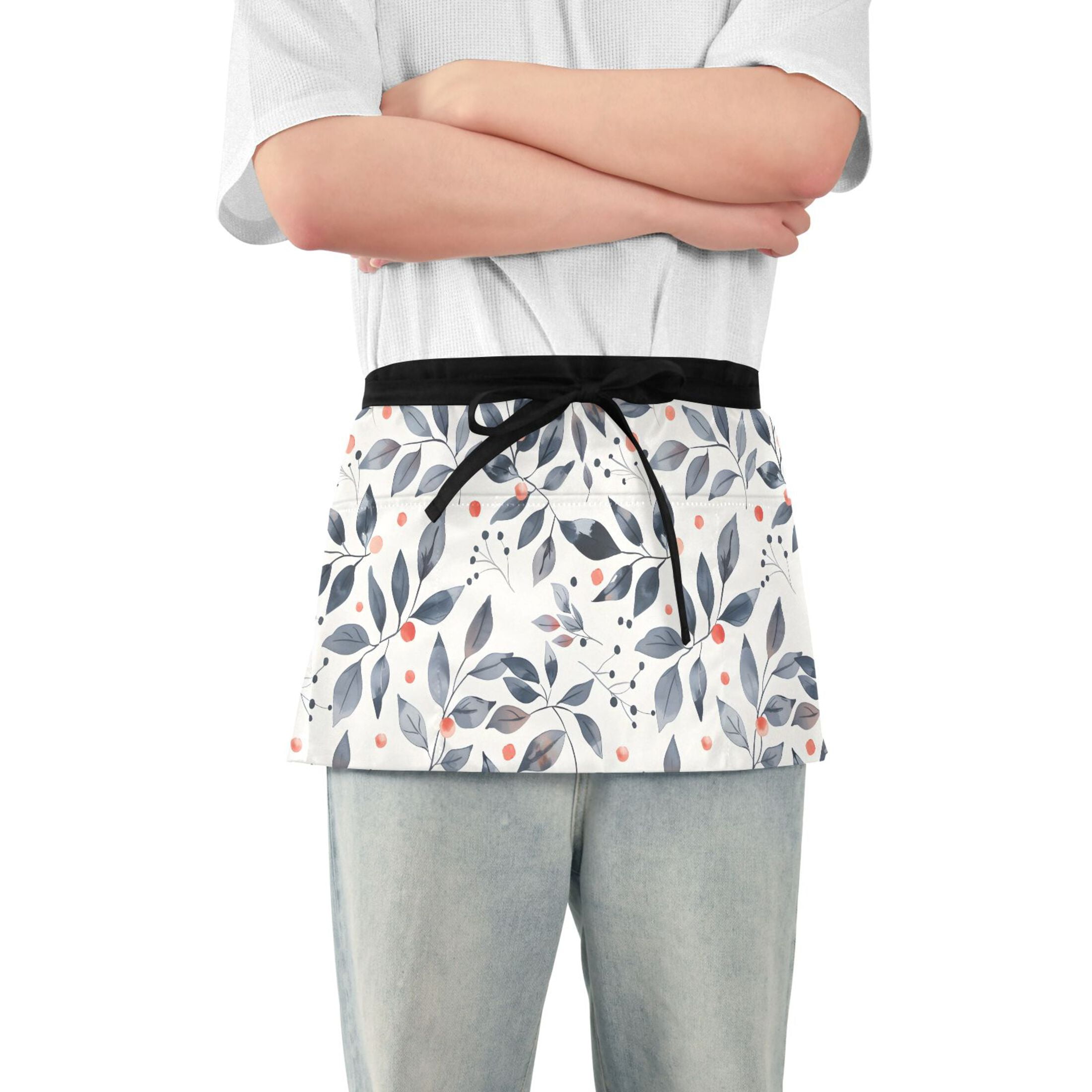 Delivery Apron Leaf with Red Berries Server Apron with 3 Pockets Waterproof Waitress ...