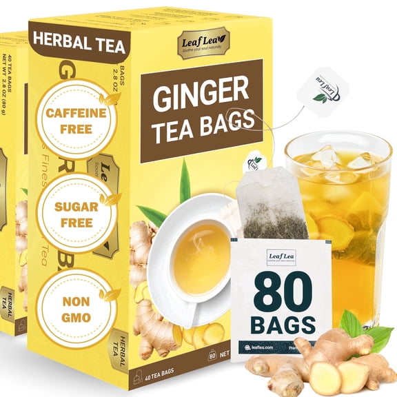 LeafLea 80 Ginger Tea Bags – Pure Ginger Root Herbal Tea, Naturally Spicy & Caffeine-Free, No Added Sugar, Bold Flavor, Individually Wrapped
