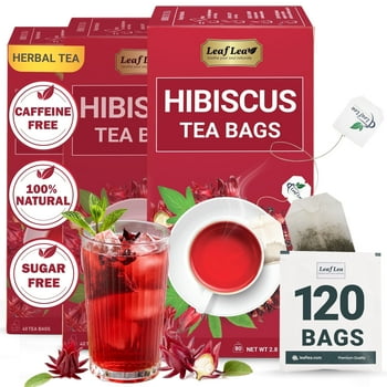 LeafLea 120 Hibiscus Tea Bags, Rich in Antioxidants and Vitamin C, 100% Pure Hibiscus Herbal Tea, Caffeine-Free, Sugar-Free (Pack of 3)