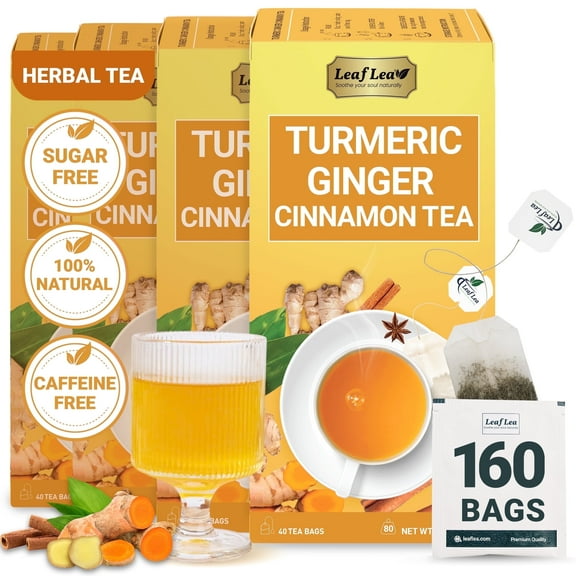 LeafLea 160 Ginger Turmeric Tea Bags – Herbal Tea Blend of Turmeric, Ginger & Cinnamon, Caffeine-Free, No Added Sugar, Individually Wrapped, 4-Pack Bundle