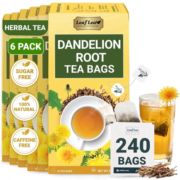 LeafLea 240 Dandelion Root Tea Bags, Natural Dandelion Root Herbal Tea Blend, Caffeine-Free, Sugar-Free, Pack of 6