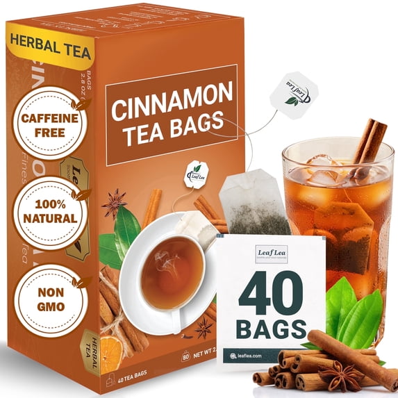 LeafLea 40 Cinnamon Tea Bags, 100% Natural Ground Cinnamon Stick Blend, Herbal Spiced Tea for Relaxation, Caffeine-Free, Sugar-Free, Vegan