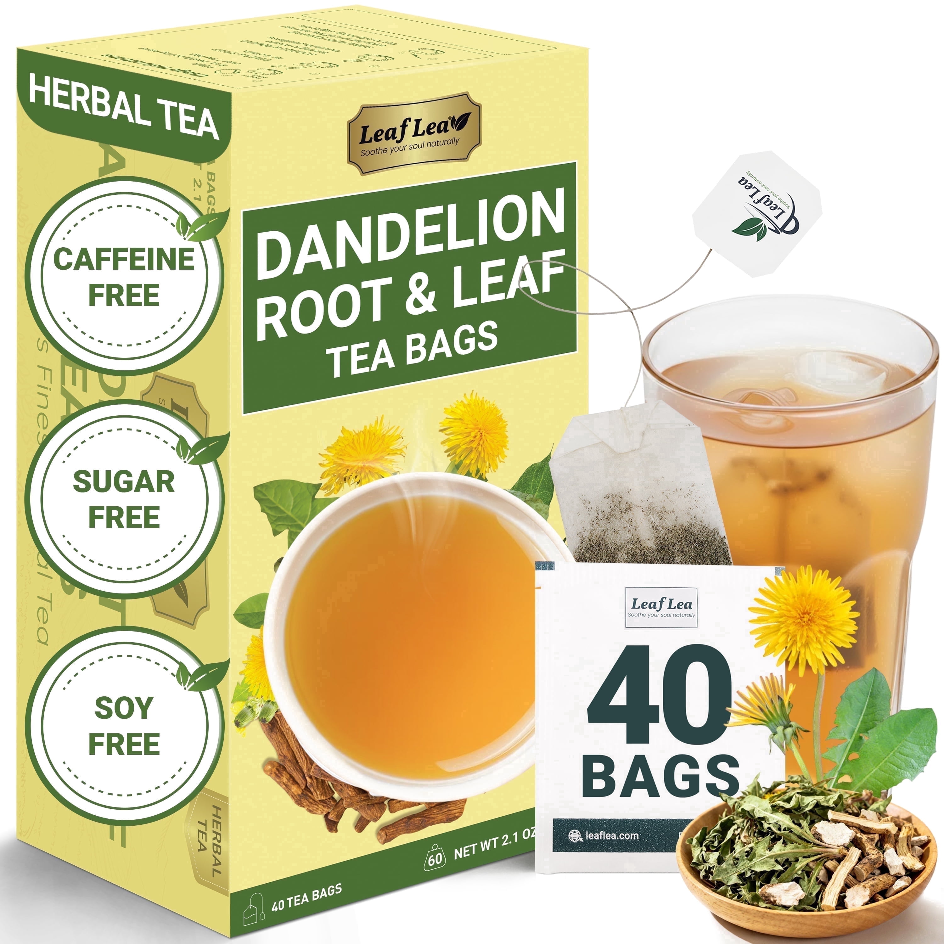 LeafLea 40 Dandelion Leaf & Root Tea Bags, Roasted Dandelion Herbal Tea ...