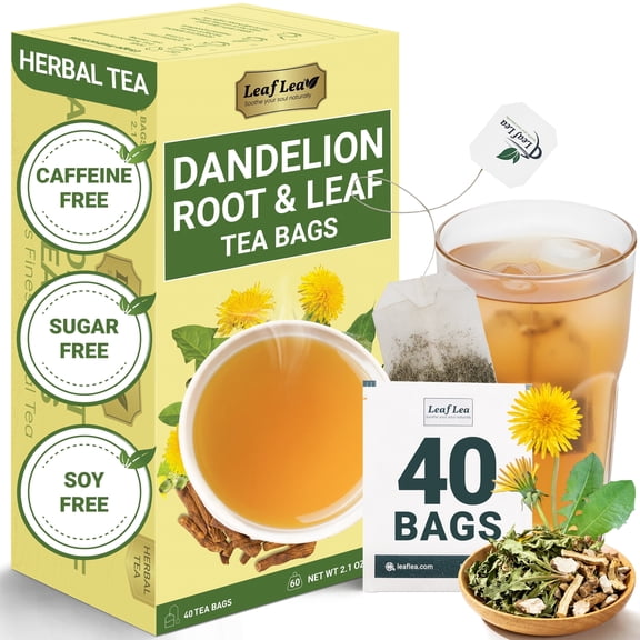LeafLea 40 Dandelion Leaf & Root Tea Bags, Roasted Dandelion Herbal Tea for Daily Comfort Blend, Natural Caffeine-Free