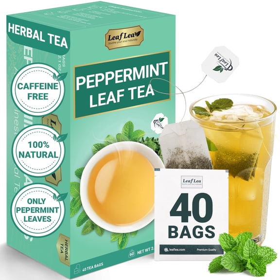 LeafLea 40 Peppermint Tea Bags, Natural Peppermint Leaf Herbal Tea with Cool Taste, Te De Menta, Caffeine-Free, Sugar-Free