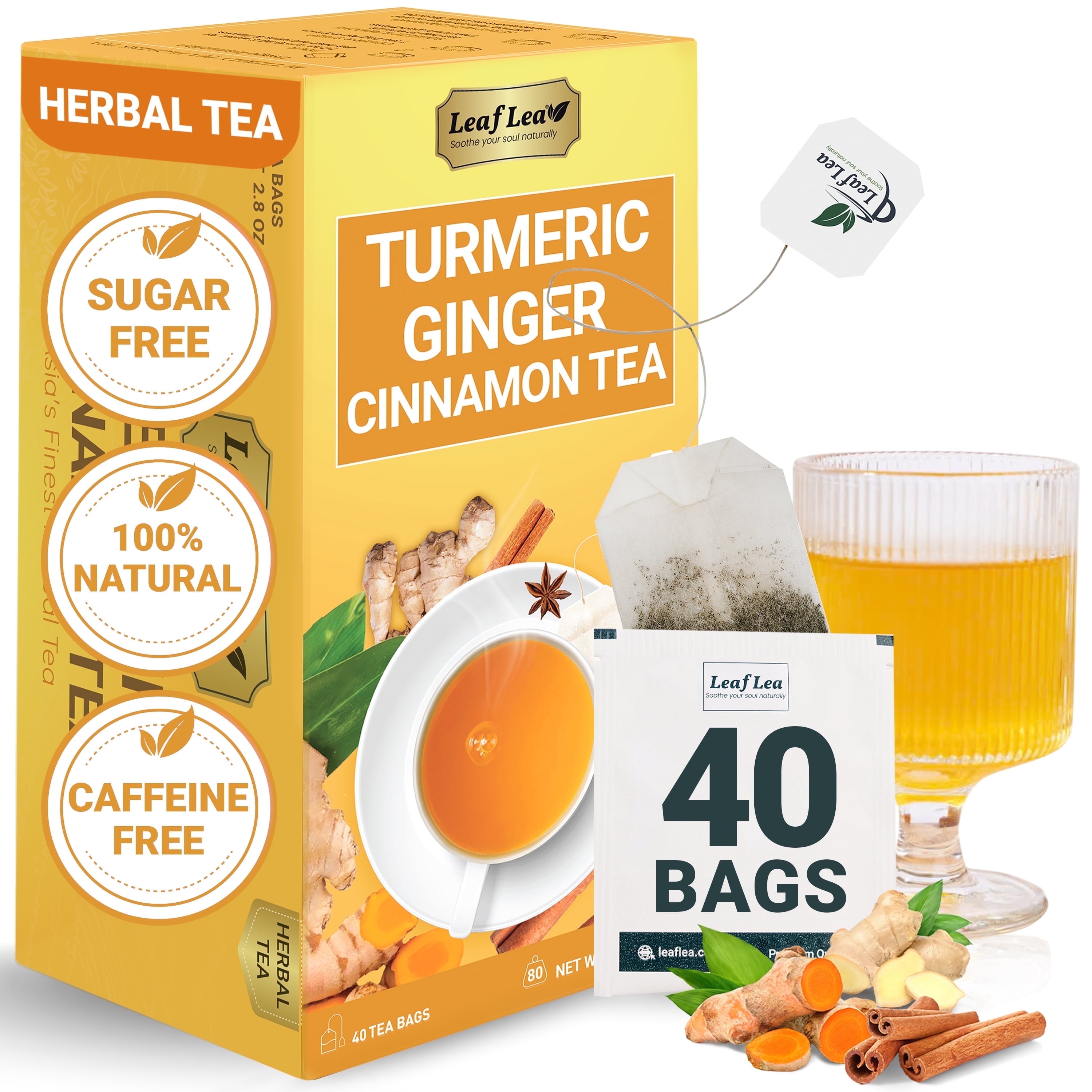 LeafLea 40 Premium Turmeric Ginger Tea Bags, 100% Natural Turmeric and Ginger Blend with Cinnamon, Sugar-Free, Caffeine-Free, Non-GMO