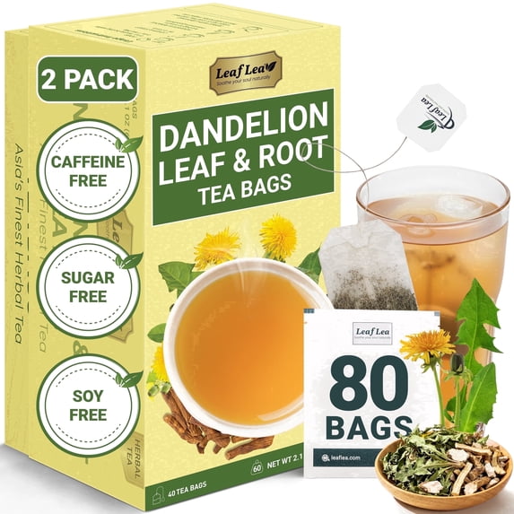 LeafLea 80 Dandelion Root and Leaf Tea Bags, Dandelion Tea for Digestion Support, Caffeine-Free, Vegan