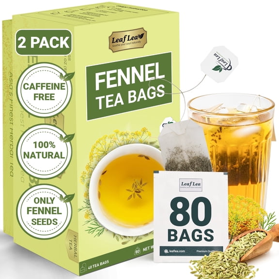 LeafLea 80 Fennel Tea Bags, Pure Dried Fennel Seed Tea, Gentle Te de Hinojo, Caffeine-Free, Vegan