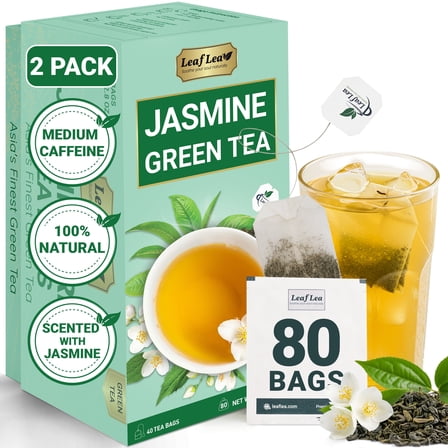 LeafLea 80 Jasmine Green Tea Bags, Green Tea with Natural Jasmine Aroma, Delicate Floral and Smooth Taste, Caffeinated, Sugar-Free