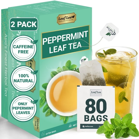 LeafLea 80 Peppermint Tea Bags, 100% Natural Peppermint Leaf, Light and Smooth Flavor, Caffeine-Free, Sugar-Free, Individually Wrapped