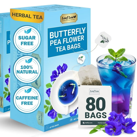 LeafLea Blue Butterfly Pea Flower Tea Bags, Natural Butterfly Tea Bags for Blue Tea Drinks and Food Coloring, Caffeine-Free, 80 Herbal Tea Bags