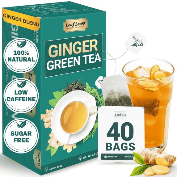 LeafLea 40 Ginger Green Tea Bags Blend, Made with Natural from Ginger Roots, Sweetened with Stevia, Low Caffeine, Sugar-Free, Ideal for Daily Wellness