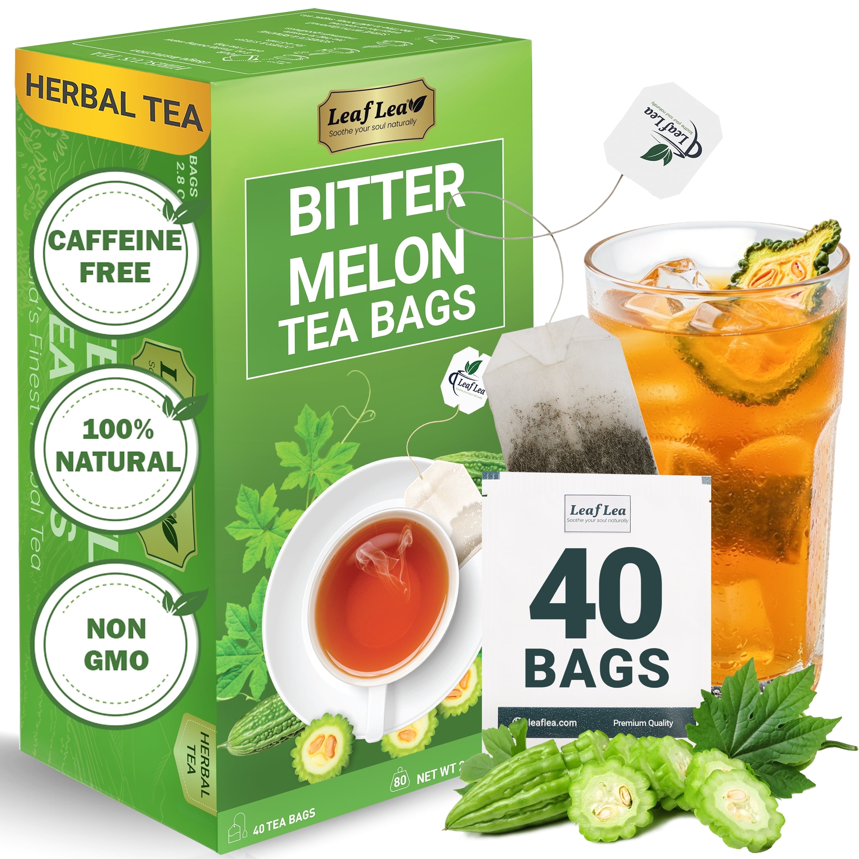 LeafLea Bitter Melon Tea Bags, Herbal Cundeamor Tea, 40 Bags