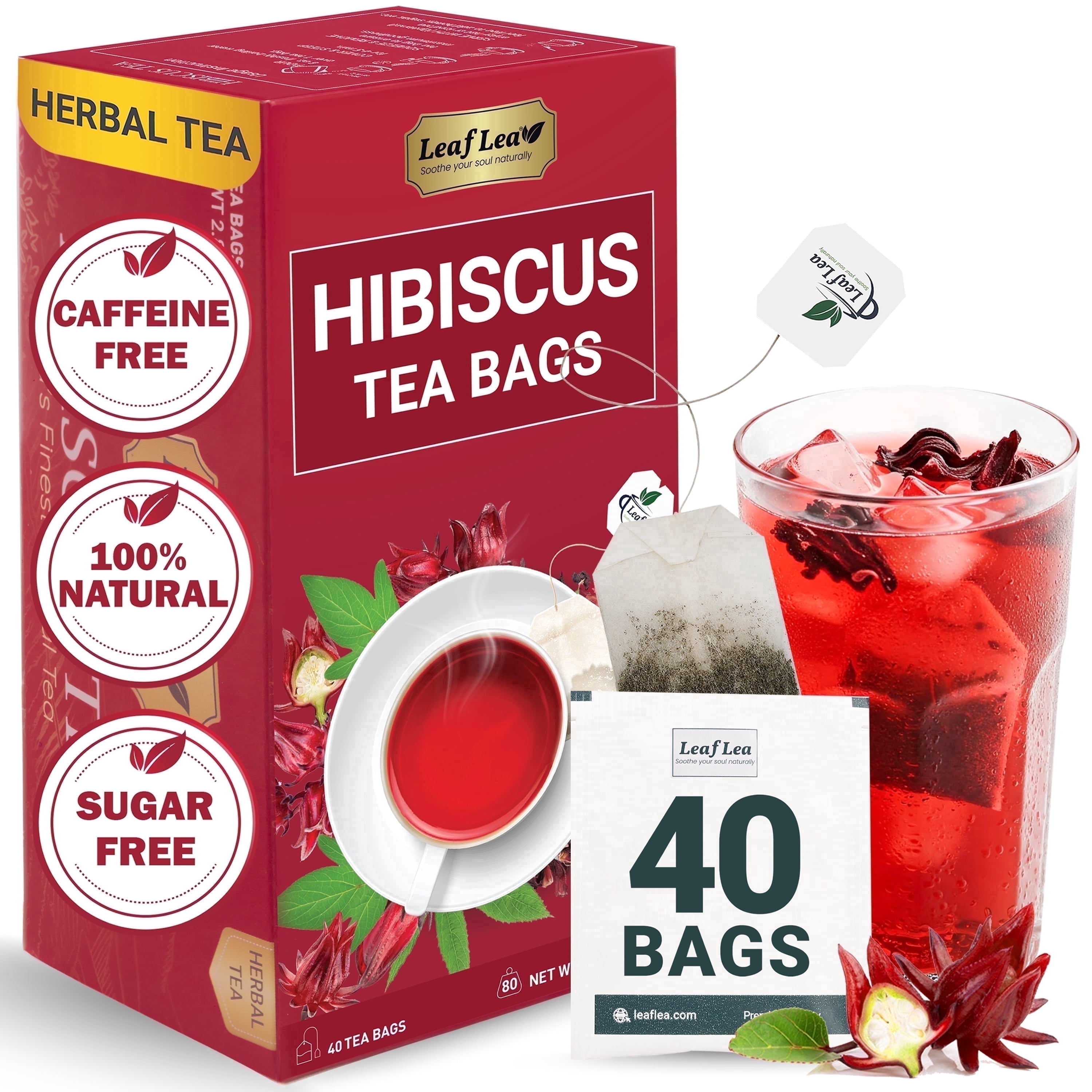 LeafLea 40 Premium Natural Hibiscus Tea Bags, 100% Pure from Hibiscus Flowers, Caffeine-Free Herbal Tea, Hibiscus Flower Tea Rich in Natural Goodness and Flavor, No Sugar, Gluten-Free, Vegan