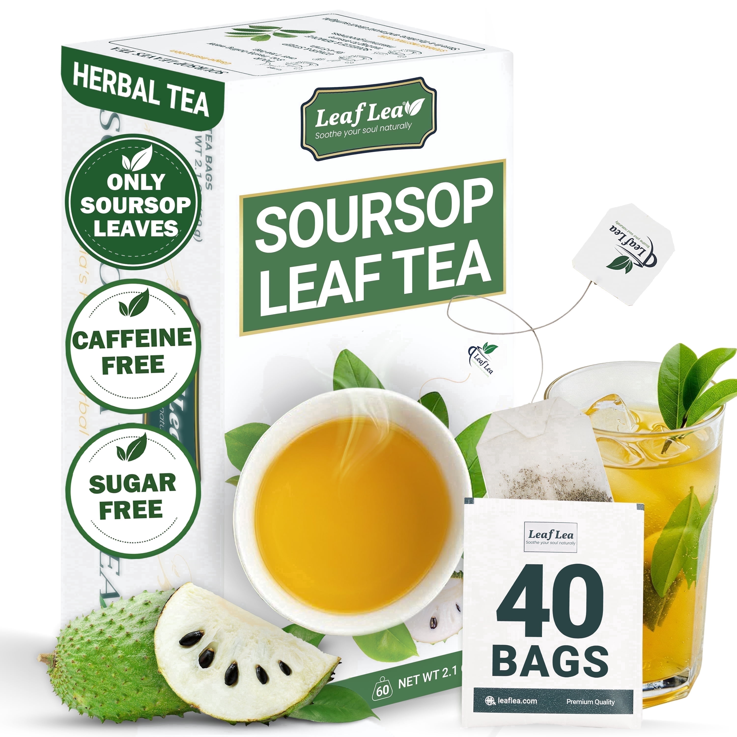 LeafLea, Premium Soursop Leaf Tea Bags, 40 count, Natural Sour Sop