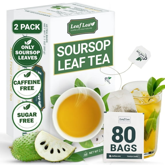 LeafLea 80 Soursop Leaf Tea Bags, 100% Pure Graviola (Hoja Guanabana) Leaves, Sour Sop Herbal Tea, Individually Wrapped for Freshness, Caffeine-Free, Sugar-Free, Gluten-Free, Non-GMO (Pack of 2)