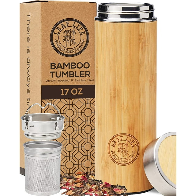LeafLife Premium Bamboo Thermos with Tea Infuser & Strainer 17oz capacity - Keeps Hot & Cold for 12 Hrs - Vacuum Insulated Stainless Steel Travel Tea Tumbler Infuser Bottle for Loose Leaf Tea & Coffee