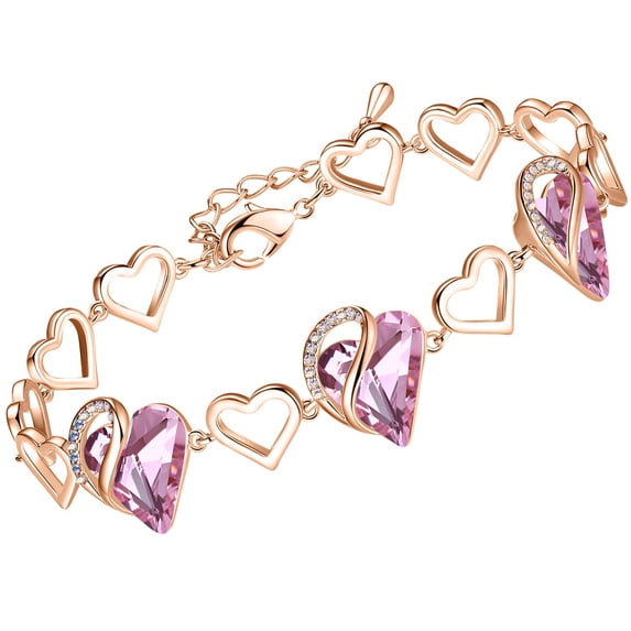 Leafael 18K Rose Gold Plated Love Heart Link Bracelet with Rose Quartz Pink Healing Stone Crystal for Romatic Love, Jewelry Gifts for Women, 7" Chain + 2" Extender