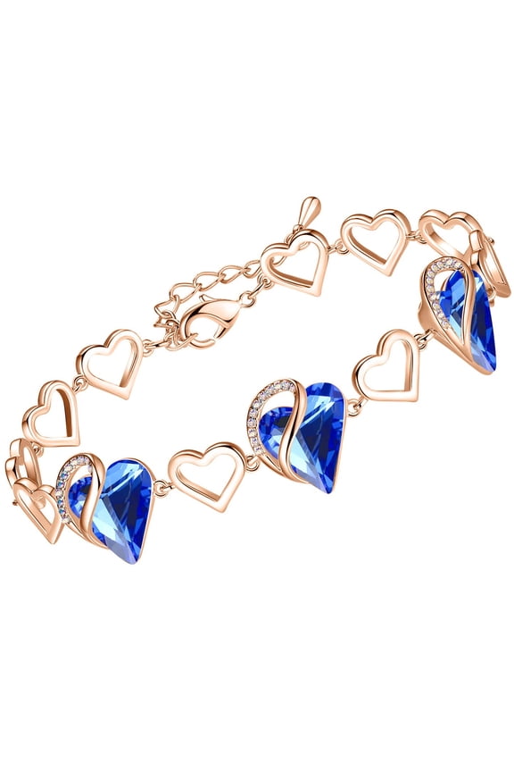 18K Rose Gold Plated Love Heart Link Bracelet with Sapphire Blue Healign Stone Crystal for Protection, Jewelry Gifts for Women, 7" Chain + 2" Extender