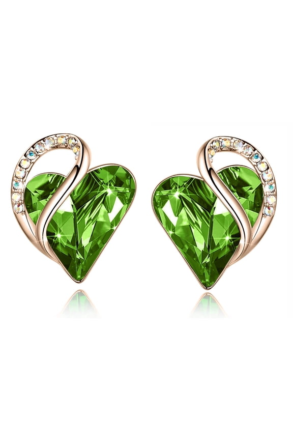 18K Rose Gold Plated Love Heart Stud Earrings with Malachite Fern Green Healing Stone Crystal for Nature, Jewelry Gifts for Women