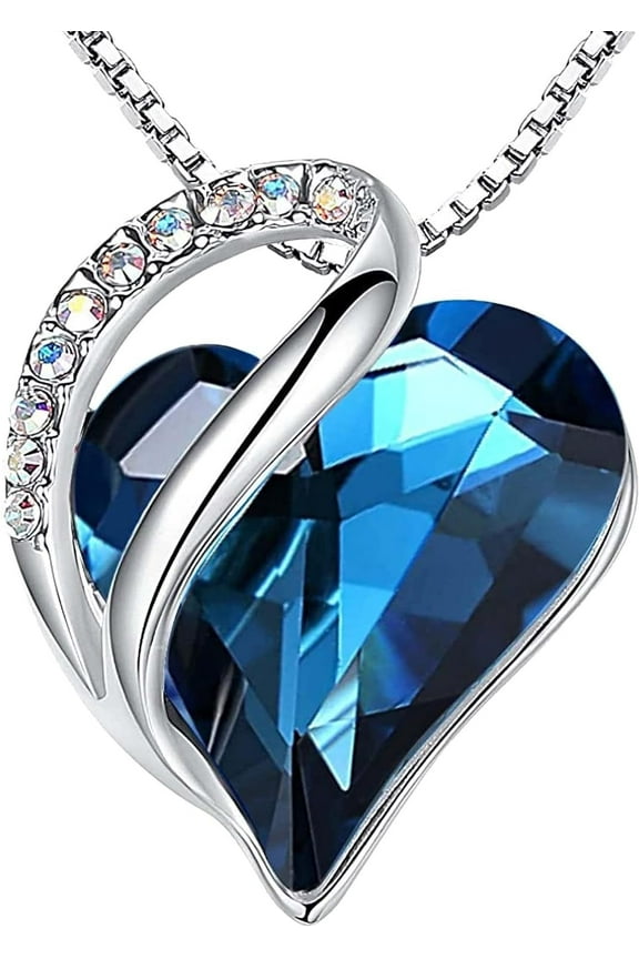 Infinity Love Heart Bermuda Blue Pendant Necklace Semptember Birthstone Crystal Jewelry Gifts for Women, Silver-Tone, 18"+2"