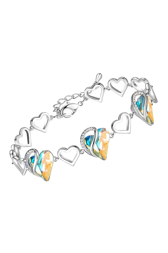 Infinity Love Heart Link Bracelets, April Birthstone Crystal Bracelet for Women, Silver Tone Jewelry Gifts for Her, Rainbow Opal White, 7-inch Chain and 2-inch Extender