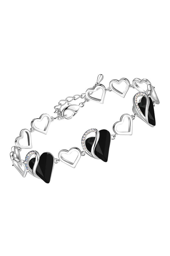 Infinity Love Heart Link Bracelets, Crystal Bracelet for Women, Silver Tone Jewelry Gifts for Her, Healing Stone for Protection, Jet Black, 7-inch Chain and 2-inch Extender