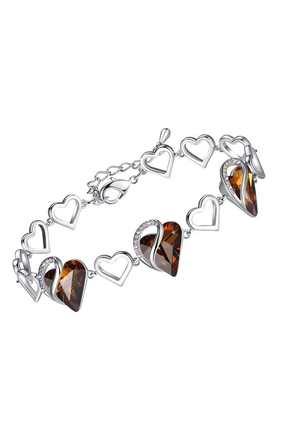 Infinity Love Heart Link Bracelets, Crystal Bracelet for Women, Silver Tone Jewelry Gifts for Her, Healing Stone for Stress Relief, Dark Topaz Brown, 7-inch Chain and 2-inch Extender