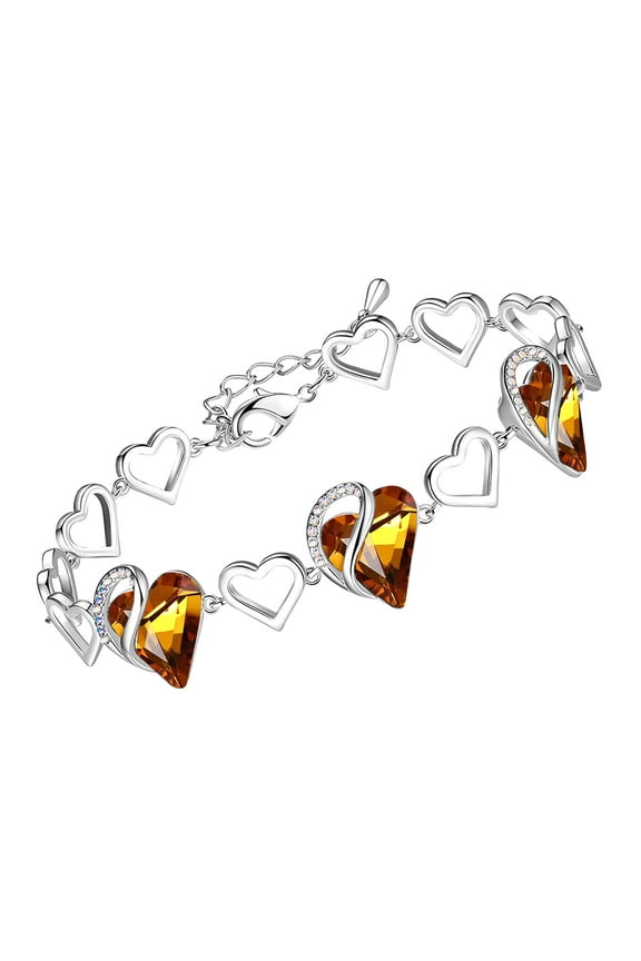Infinity Love Heart Link Bracelets, November Birthstone Crystal Bracelet for Women, Silver Tone Jewelry Gifts for Her, Amber Brown, 7-inch Chain and 2-inch Extender