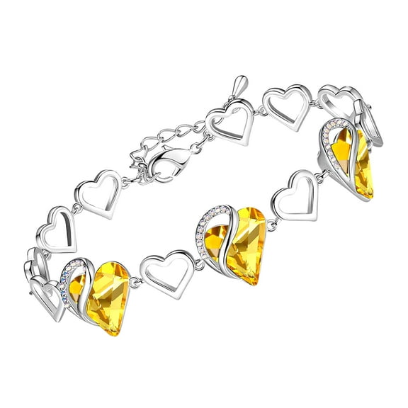 Leafael Infinity Love Heart Link Bracelets, November Birthstone Crystal Bracelet for Women, Silver Tone Jewelry Gifts for Her, Citrine Yellow, 7-inch Chain and 2-inch Extender