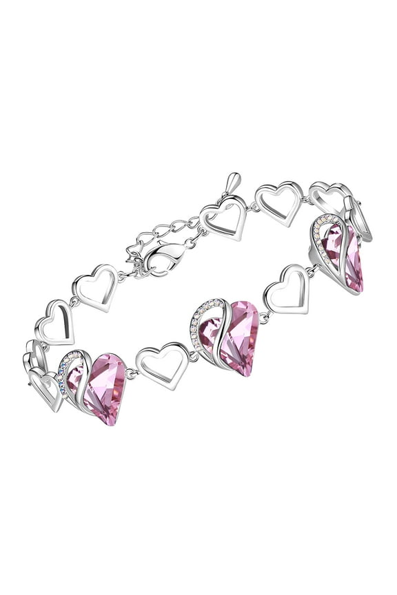 Infinity Love Heart Link Bracelets, October Birthstone Crystal Bracelet for Women, Silver Tone Jewelry Gifts for Her, Rose Quartz Pink, 7-inch Chain and 2-inch Extender