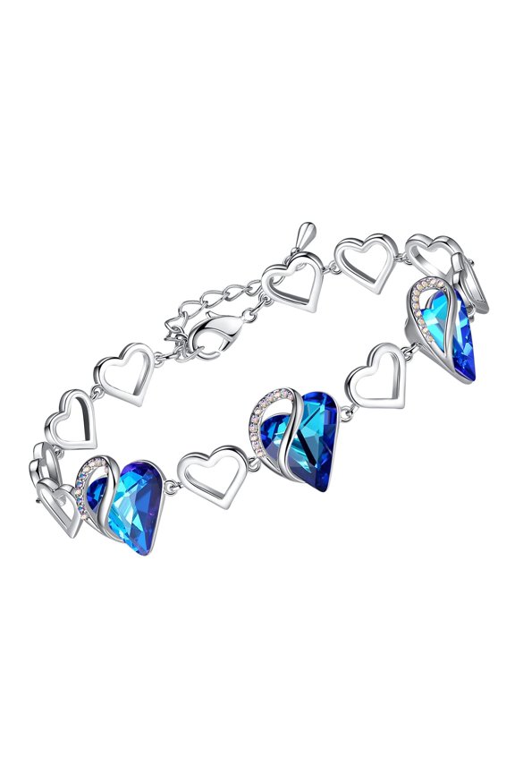 Infinity Love Heart Link Bracelets, September Birthstone Crystal Bracelet for Women, Silver Tone Jewelry Gifts for Her, Rainbow Blue, 7-inch Chain and 2-inch Extender